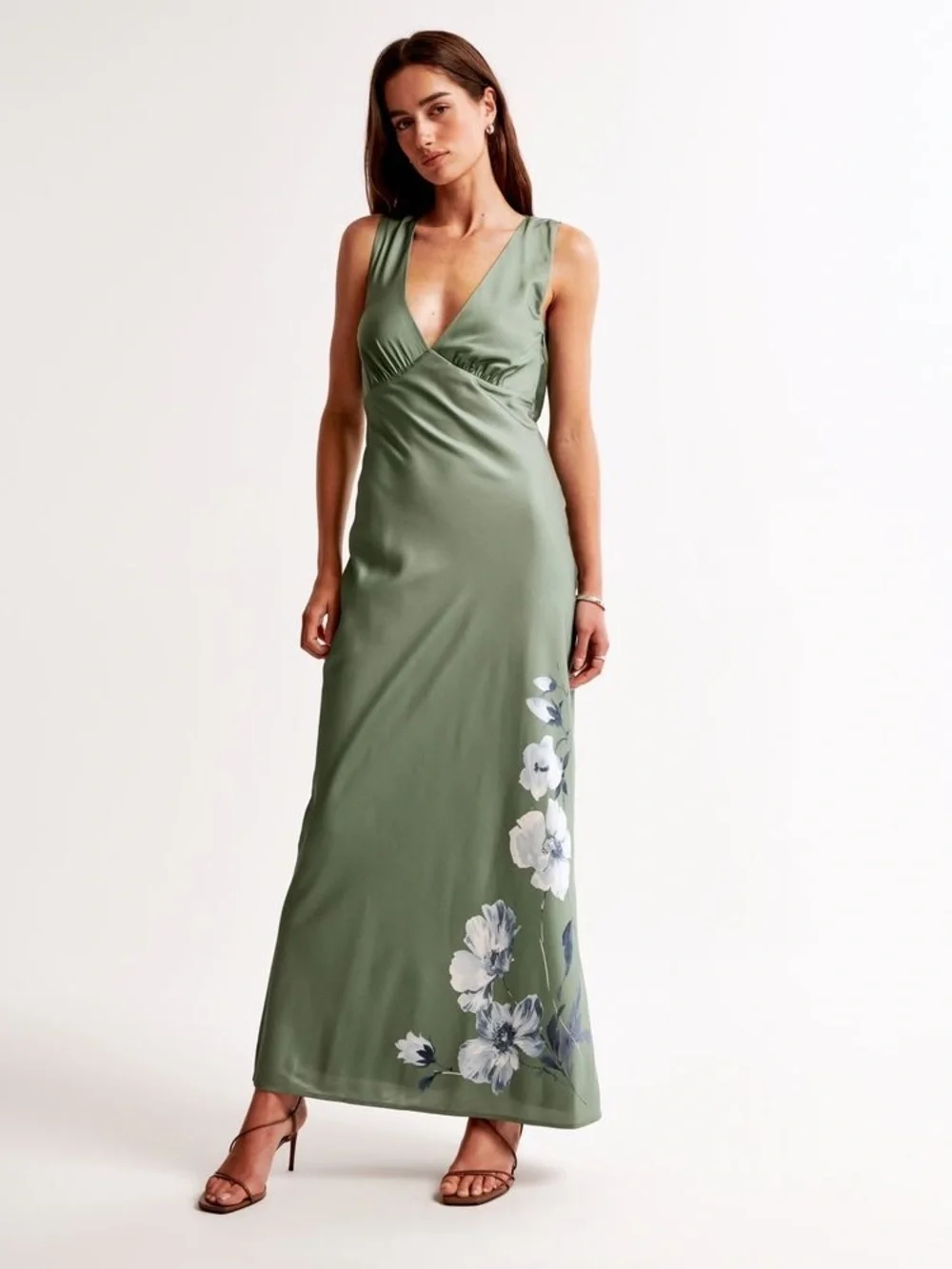 Abercrombie & Fitch Sage Green Floral Satin Maxi Dress NWT Medium